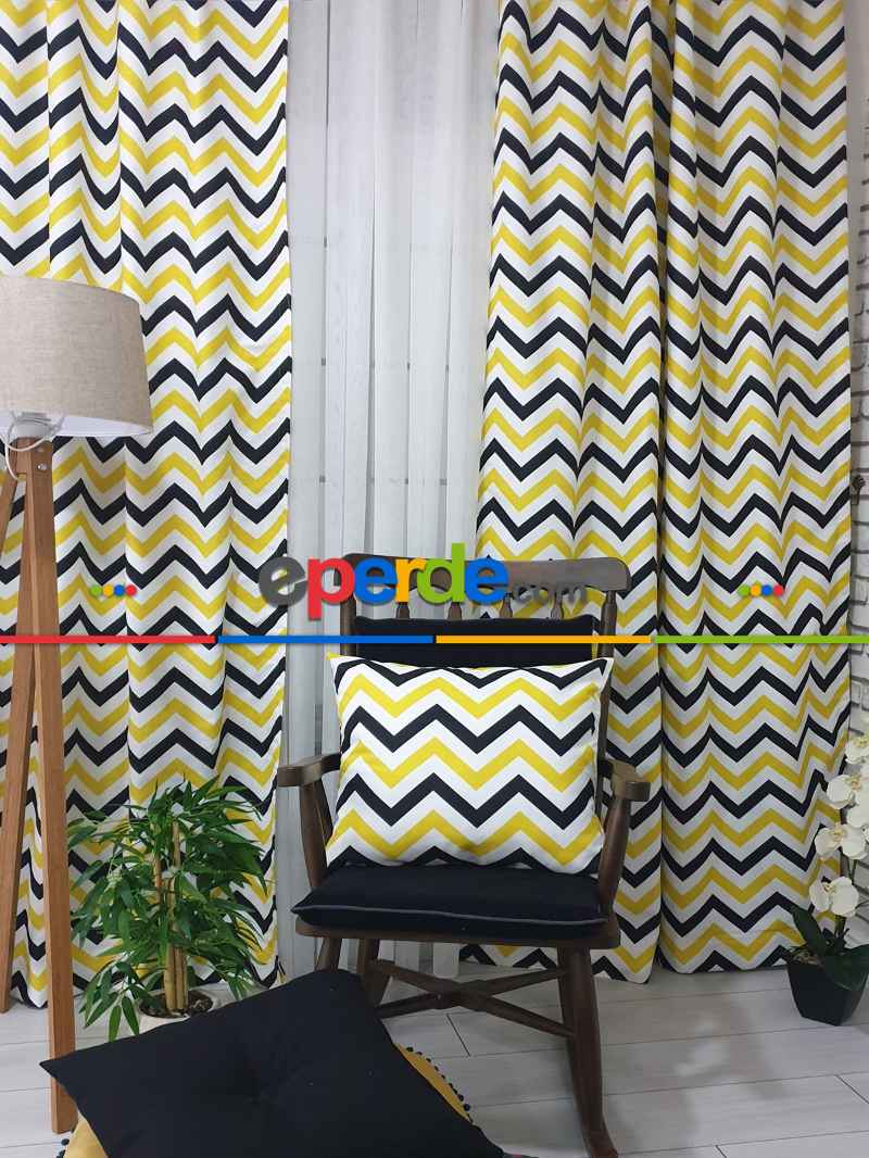 Siyah-Sarı Modern Mutfak Perdesi Kanat Fon Perde Zikzak Desenli- Siyah