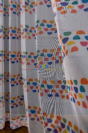 Hazır Ölçülü Petek Zemin Turuncu Ve Lacivert Renkli Geometrik Desenli Grek Baskılı Tül Perde