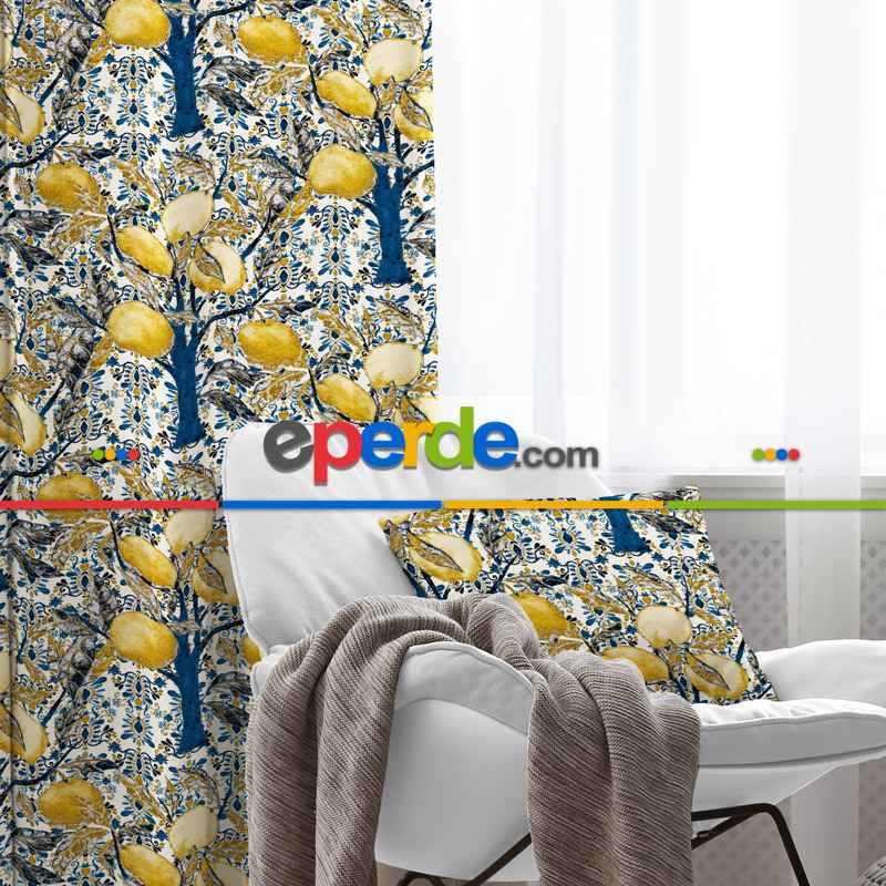 Limon Ağaç Desenli Fon Perde Evim758 Kumaşı Kalındır Duck Bezi Değildir- Mavi-beyaz