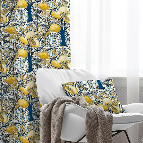 Limon Ağaç Desenli Fon Perde Evim758 Kumaşı Kalındır Duck Bezi Değildir- Mavi-beyaz