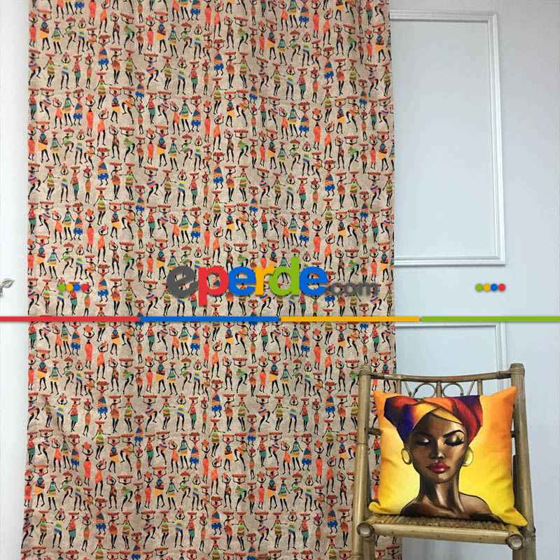 Etnik Desenli Fon Perde K632 E - Kumaşı Kalındır Duck Bezi Değildir.- Kahve-Çok Renkli