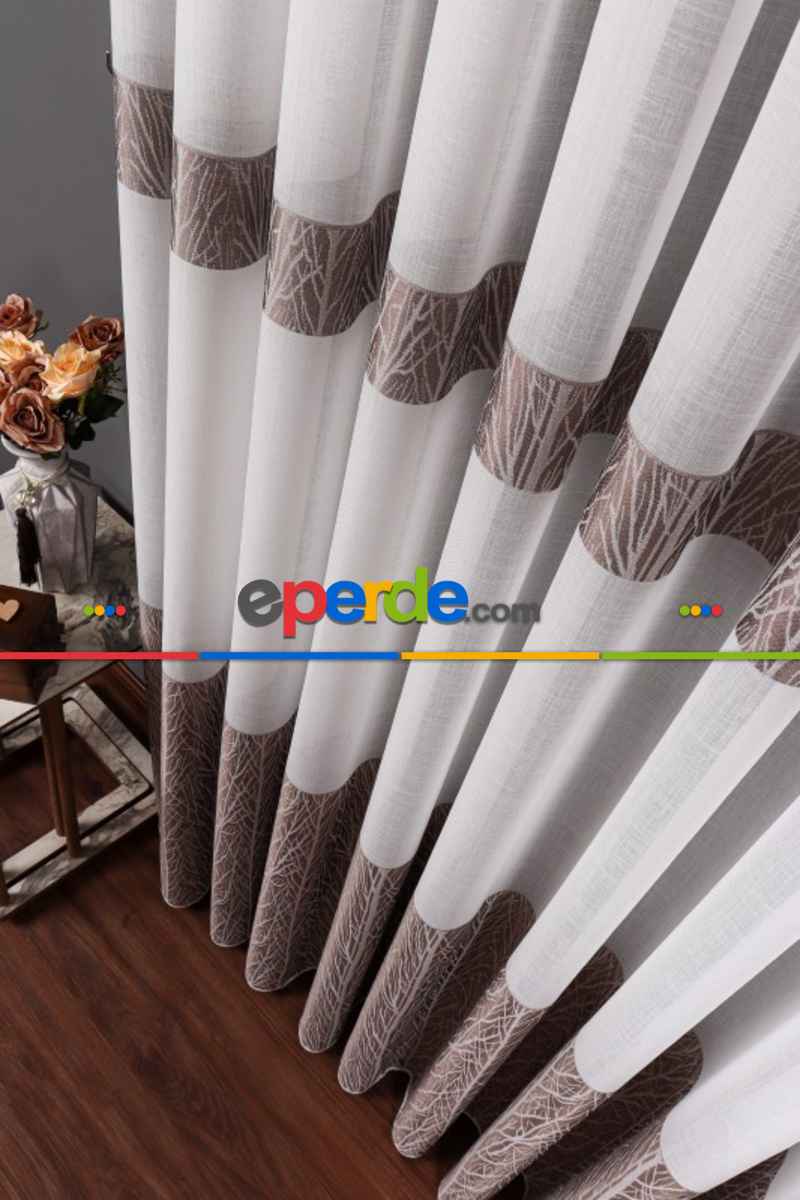 Salon Tül Modelleri - Keten Etek Dokuma Ekru-gri Tül Perde