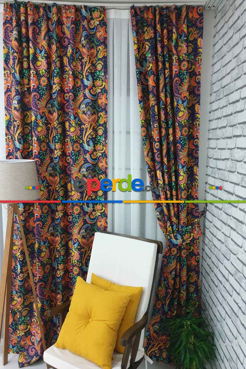 Etnik Desenli Fon Perde Evm452 _e - Kumaşı Kalındır Duck Bezi Değildir.- Lacivert-Mavi-Sarı-Kahve-Çok Renkli