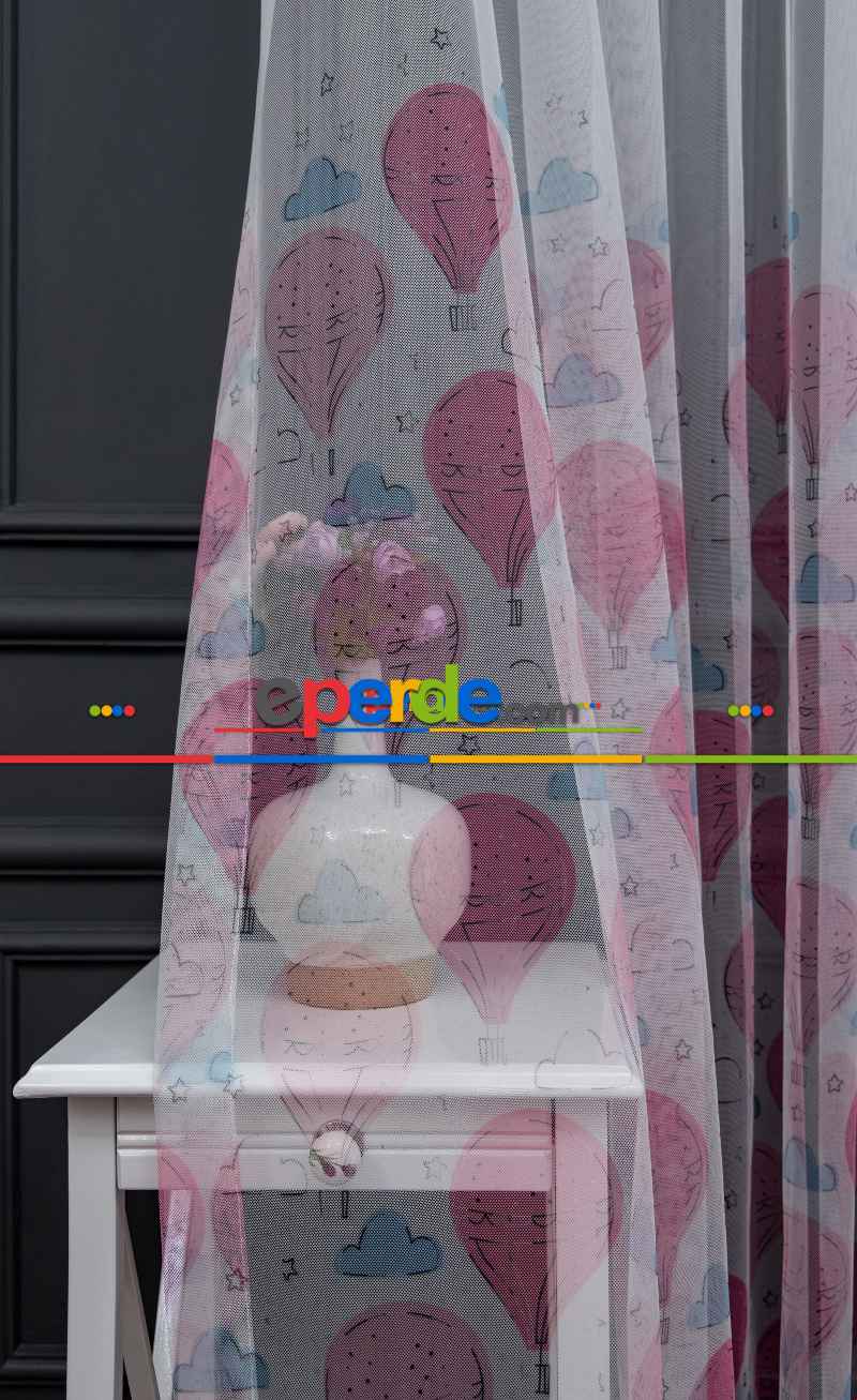 Hazır Ölçülü Petek Zemin Pembe Ve Mavi Renkli Balon Ve Bulut Desenli Grek Baskılı Tül Perde 190cm X 255cm 