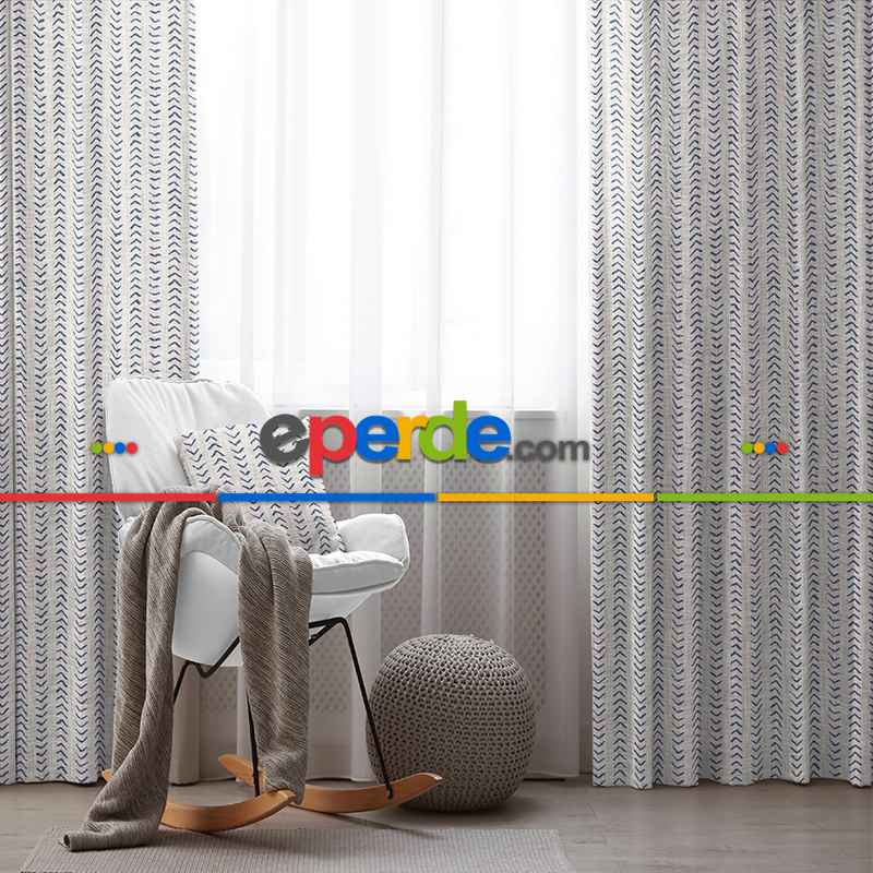 Etnik Fon Perde Evim1535 Kumaşı Kalındır Duck Bezi Değildir- Mavi-beyaz