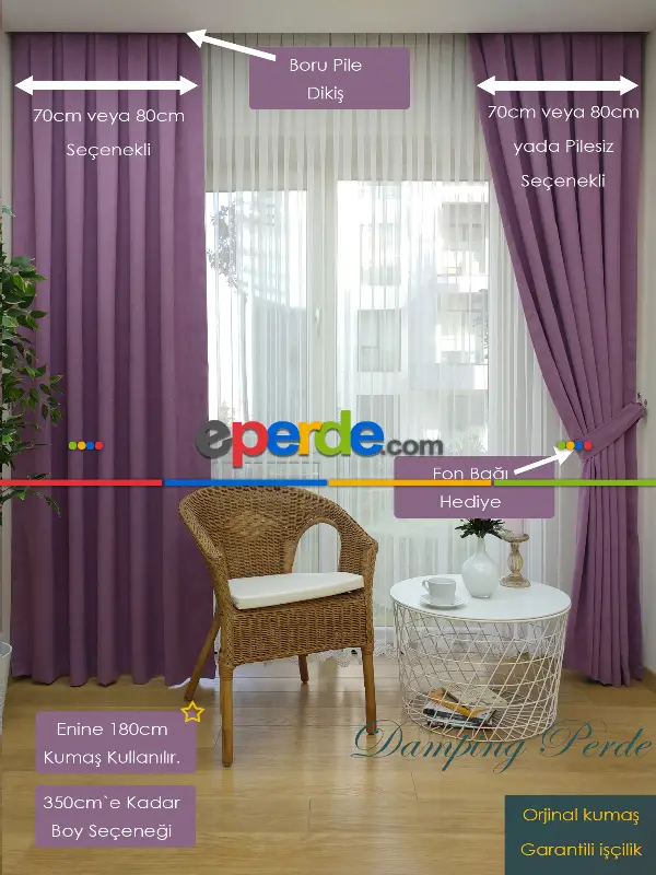 Eflatun Düz Sade Mutfak Fon Perde Yan Kanat Perdesi- Eflatun