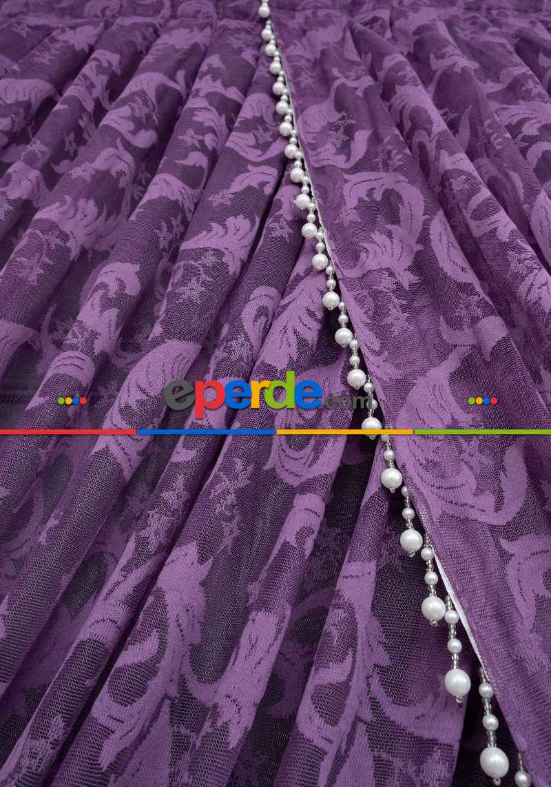 Mor Sarmaşık Desen Tül Kruvaze Şal Tül Perde Yanki Tül - Düz Model Sipariş Seçeneği - Yatak Odası Tül