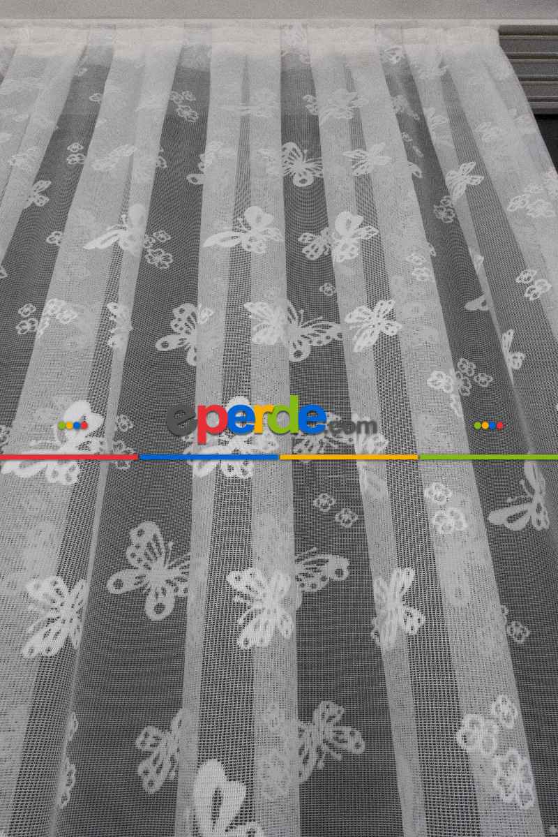 Kız Çocuk Odası Tül Perdesi Kelebekli Desen Örme Tül