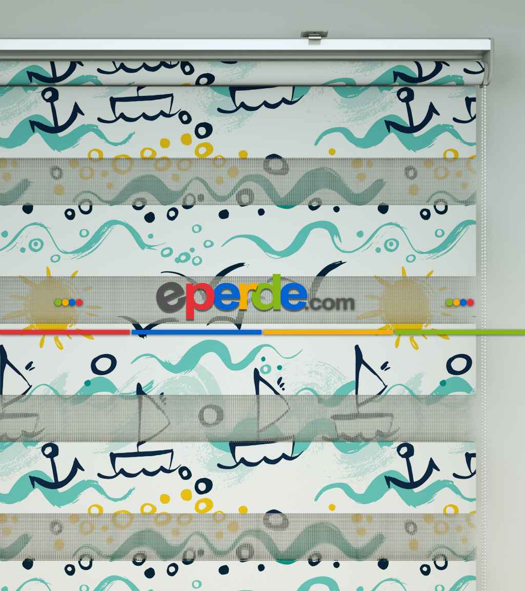 Çocuk Odası Zebra Perde - Denizci Desen Baskılı Zebra Perde- Mavi-Sarı-Beyaz-Su Yeşili