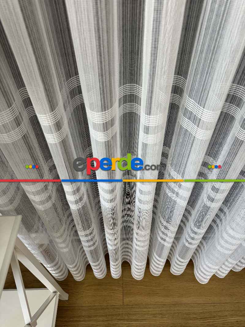 Zincir Çizgili Tül Perde Ekru Renk Kırık Beyaz- Ekru - Kurşunlu Tül