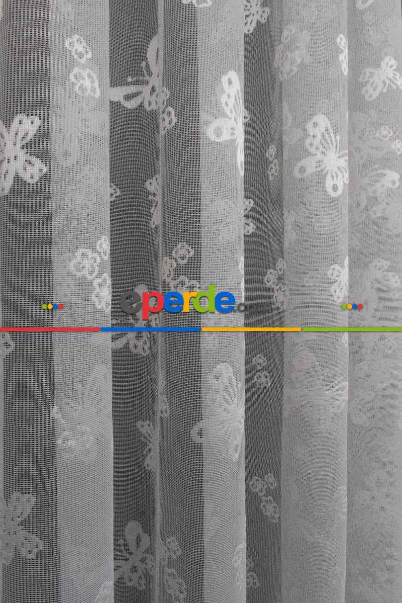 Kelebek Desenli Ekru Renkli Kız Çocuk Odası İçin Tül Perde