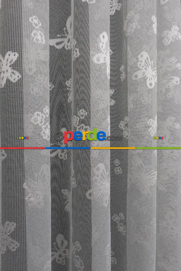 Çocuk Odası - Kelebek Desenli Ekru Renkli Kız Çocuk Odası İçin Tül Perde