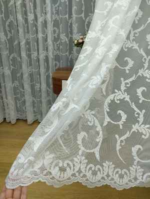 Salon İçin - Şal Desenli Özel Örme Dokulu Tül Perde - Ekru Renk - Kruvaze Model Dikiş Seçenekli - Ütü İstemez