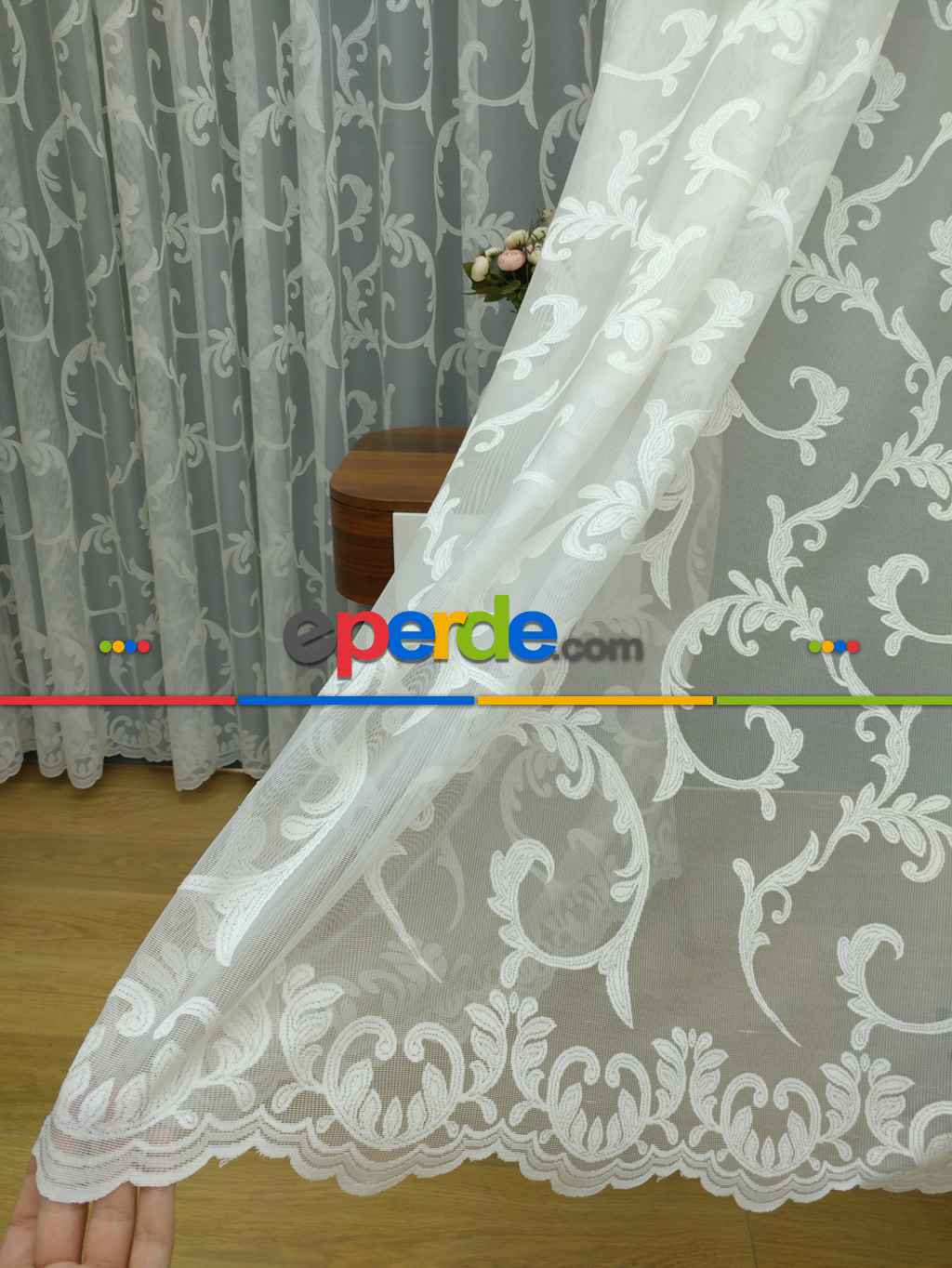 Salon İçin - Şal Desenli Özel Örme Dokulu Tül Perde - Ekru Renk - Kruvaze Model Dikiş Seçenekli - Ütü İstemez