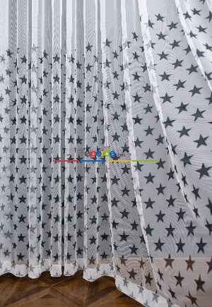 İndirimli Fiyat!! Petek Zemin Koyu Antrasit Renkli Sık Pileli Yıldız Desenli Grek Baskılı Tül Perde