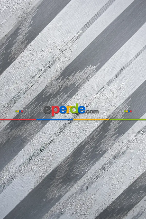 Tül Perde - Desenli Tül Perde - Salon Tül Perde - Etek Ucu Ve Ara Bantlı Gri Nakış İşlemeli Hudson Tasarım Tül Perde Modeli