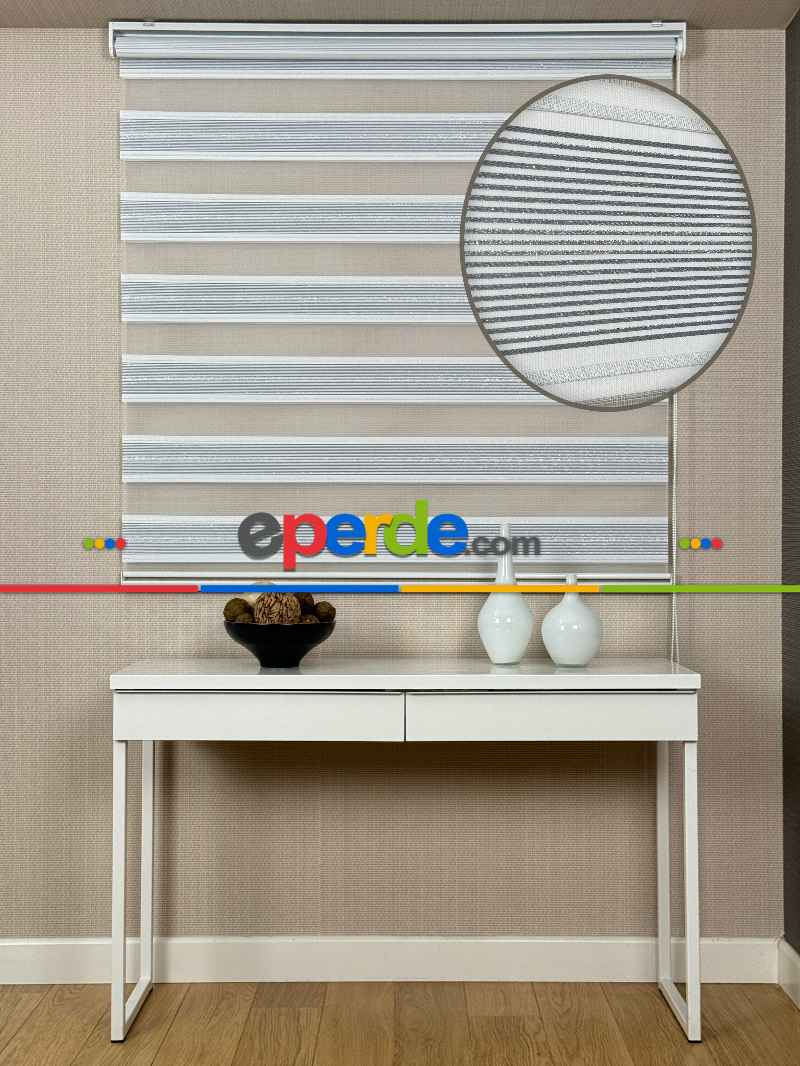 Mutfak Gri Gümüş Simli Çizgili Jakar Dokuma Zebra Perde, Standart Metal Kasalı Yüksek Kalite Kornişe Kolay Montaj Seçenekli