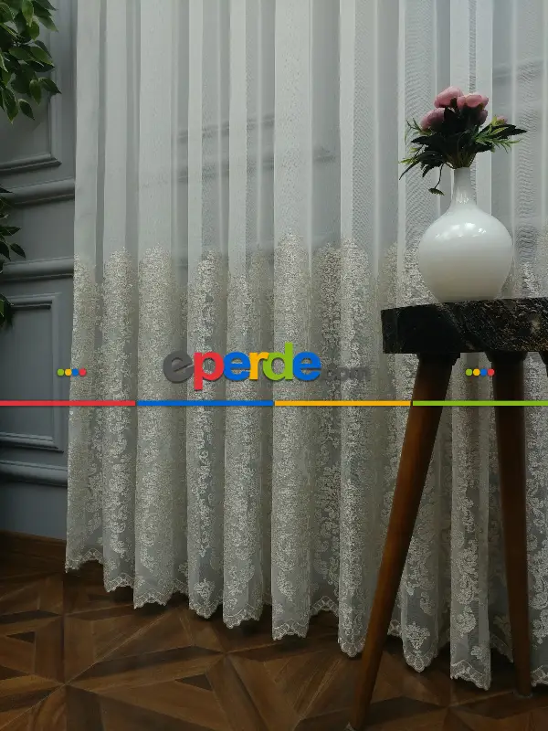 Salon Tül Perde - Eteği Duble Nakış İşlemeli Tül Perde Ikon 2021- Krem