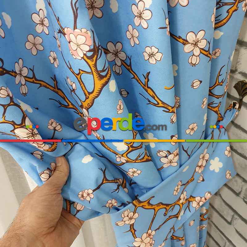 Çiçek Desenli Fon Perde Evm389 - Kumaşı Kalındır Duck Bezi Değildir.- Turkuaz-Kahve