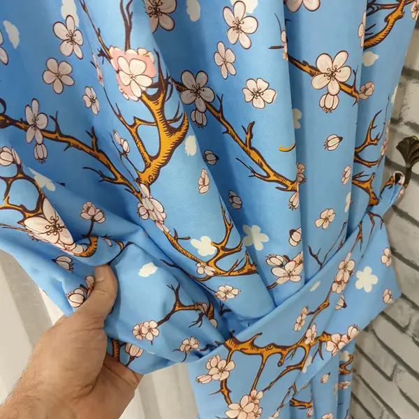 Çiçek Desenli Fon Perde Evm389 - Kumaşı Kalındır Duck Bezi Değildir.- Turkuaz-Kahve