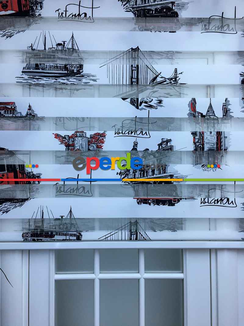 Zebra Perde- İstanbul Baskılı Zebra Perde- Siyah-kırmızı