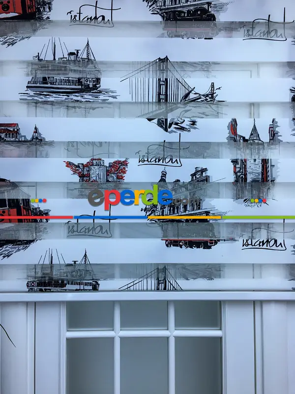 Mutfak - Zebra Perde- İstanbul Baskılı Zebra Perde- Siyah-kırmızı-beyaz