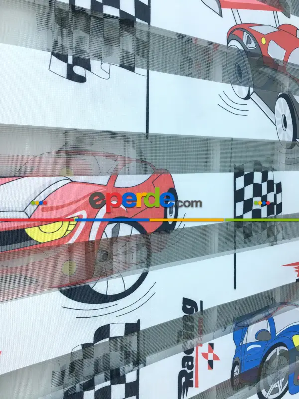 Zebra Perde - Araba-far Baskılı Çocuk Ve Genç Odası- Yeşil-mavi-kiremit Rengi