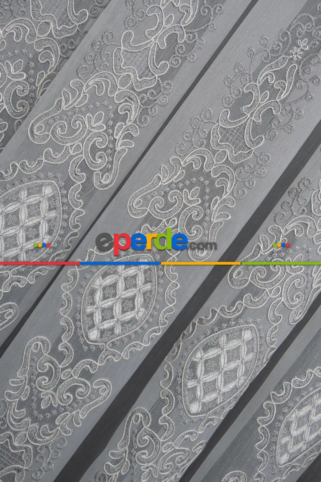 Oturma Odası - Alangart Nakışlı Tül Perde - Ekru - Gri