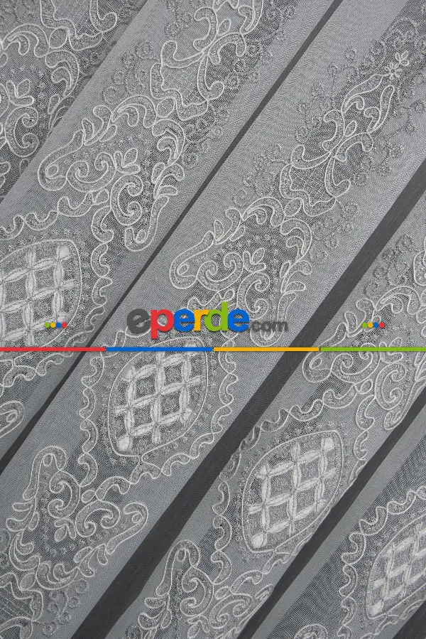 Oturma Odası - Alangart Nakışlı Tül Perde - Ekru - Gri