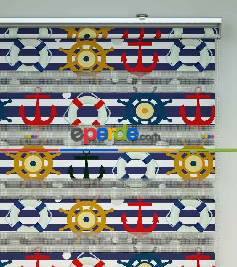 Bebek Odası Zebra Perde - Çapa Baskılı Zebra Perde- Mavi-Kırmızı-Beyaz-Hardal Sarısı