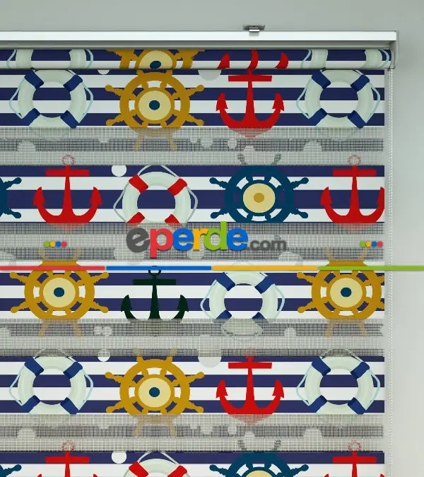 Bebek Odası Zebra Perde - Çapa Baskılı Zebra Perde- Mavi-Kırmızı-Beyaz-Hardal Sarısı