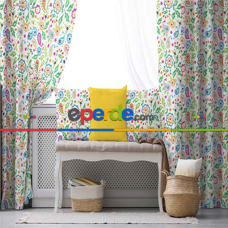 Etnik Desenli Fon Perde Evim801 Kumaşı Kalındır Duck Bezi Değildir- Mavi-beyaz