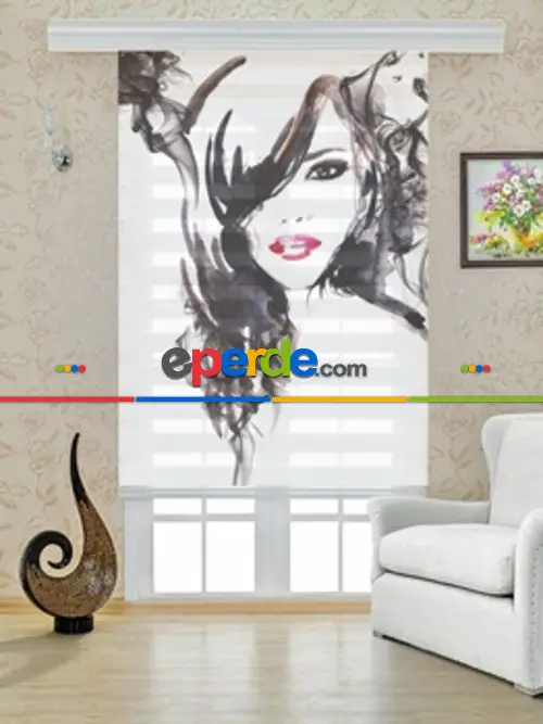 Dijital Baskılı Zebra Perde Dark Woman- Beyaz