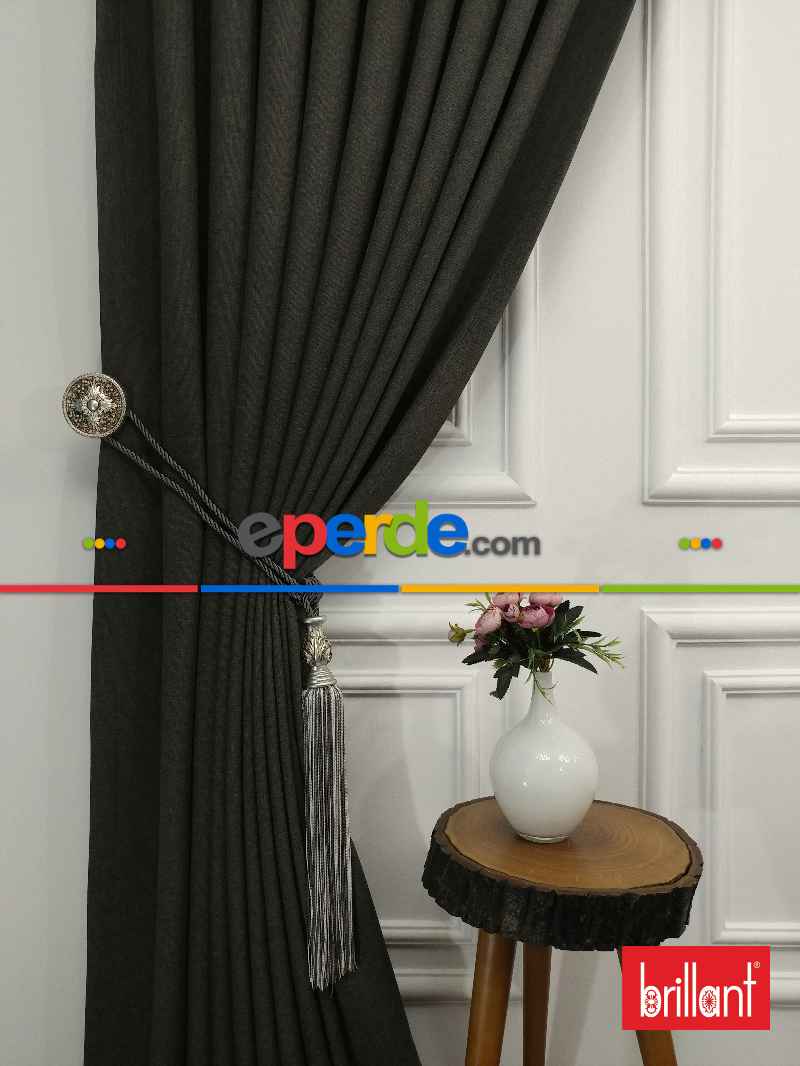 Brillant Keten Antrasit Renk Düz Fon Perde - Füme