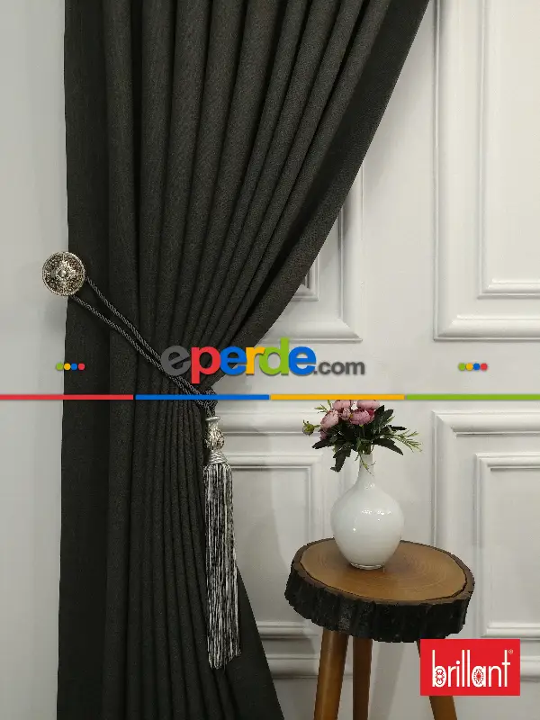 Yatak Odası - Brillant Keten Antrasit Renk Düz Fon Perde - Füme