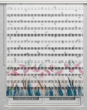 Yatak Odası Zebra Perde Çiçek Desenli Baskılı- Mavi-Krem-Gül Pembe
