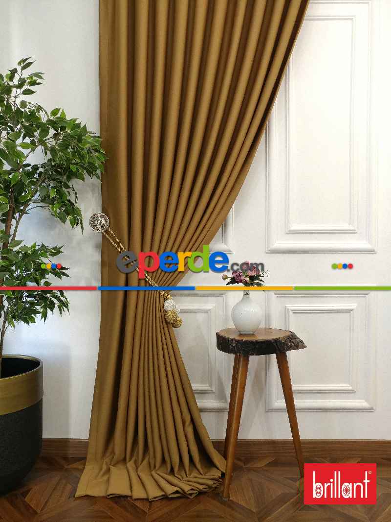 %90 Brillant Karartma Blackout Hardal Sarısı Renk Fon Perde- Kahve Açık-hardal Sarısı