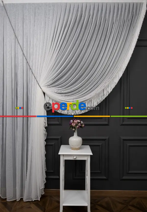 Hafif Keten Yalancı Kruvaze - Tülden Fon - Halat İle Yana Toplamalı Tül - Kordon Toplama Tül - Çift Veya Tek Kanat - Aksesuar İlave Ücretlidir - Kurşunlu Tül