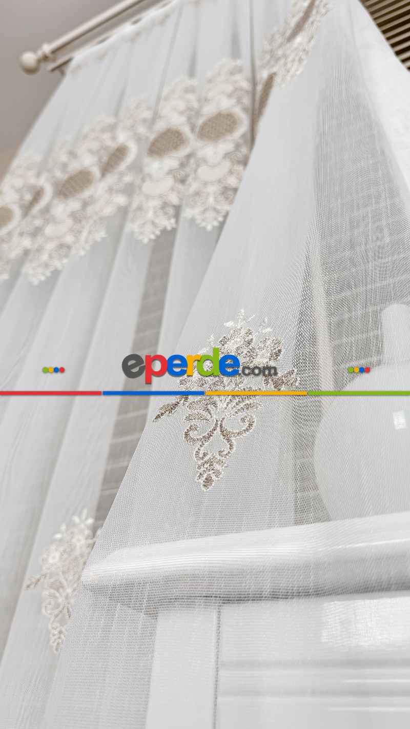 Ekru Bej Özel Dokuma, Özel İplik Brode İşlemeli Tül Perde - Ağır Gramajlı Premium Nakışlı