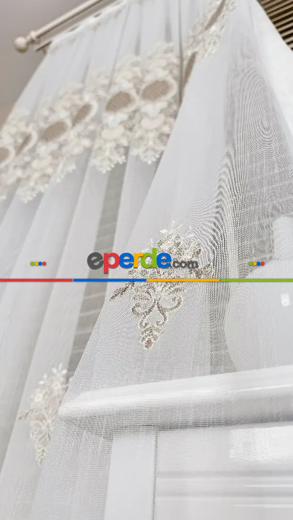 Ekru Bej Özel Dokuma, Özel İplik Brode İşlemeli Tül Perde - Ağır Gramajlı Premium Nakışlı