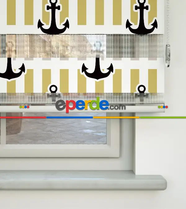 Bebek Odası Zebra Perde - Çapa Baskılı Zebra Perde- Siyah-Sarı-Beyaz