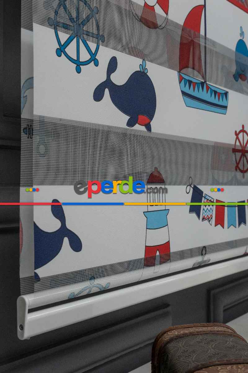 Erkek Çocuk Odası zebra Perde - Çapa Gemici Denizci Desenli Baskılı Zebra Perde - Mavi Lacivert