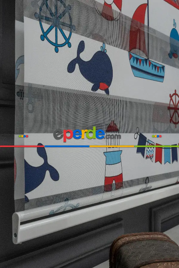 Erkek Çocuk Odası zebra Perde - Çapa Gemici Denizci Desenli Baskılı Zebra Perde - Mavi Lacivert