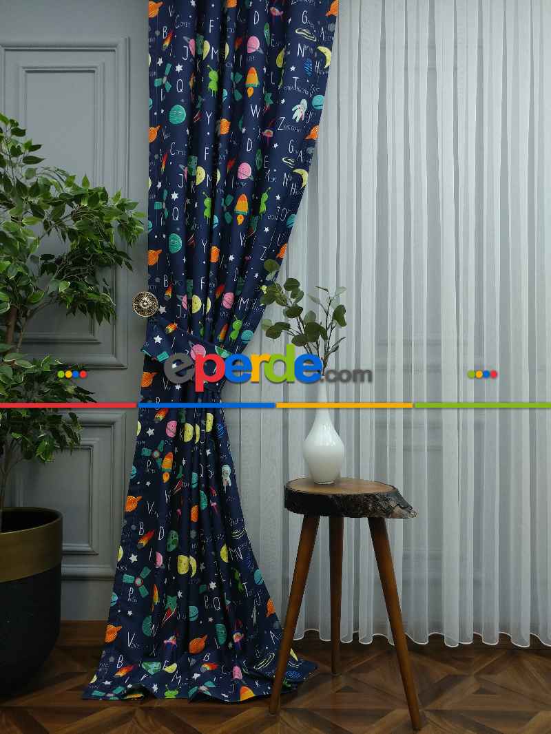 Uzay Desenli Fon Perde Evm833 Kumaşı Kalındır Duck Bezi Değildir- Mavi-Beyaz-Pembe Koyu