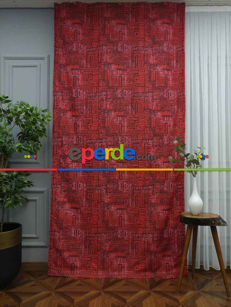Kırmızı Geometrik Desenli Fon Perde Evm708 Kumaşı Kalındır Duck Bezi Değildir- Kırmızı Koyu