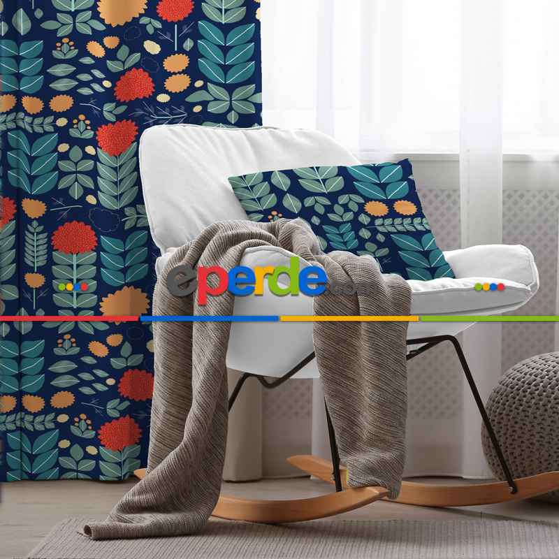 Etnik Fon Perde Evim1554 Kumaşı Kalındır Duck Bezi Değildir- Mavi-beyaz