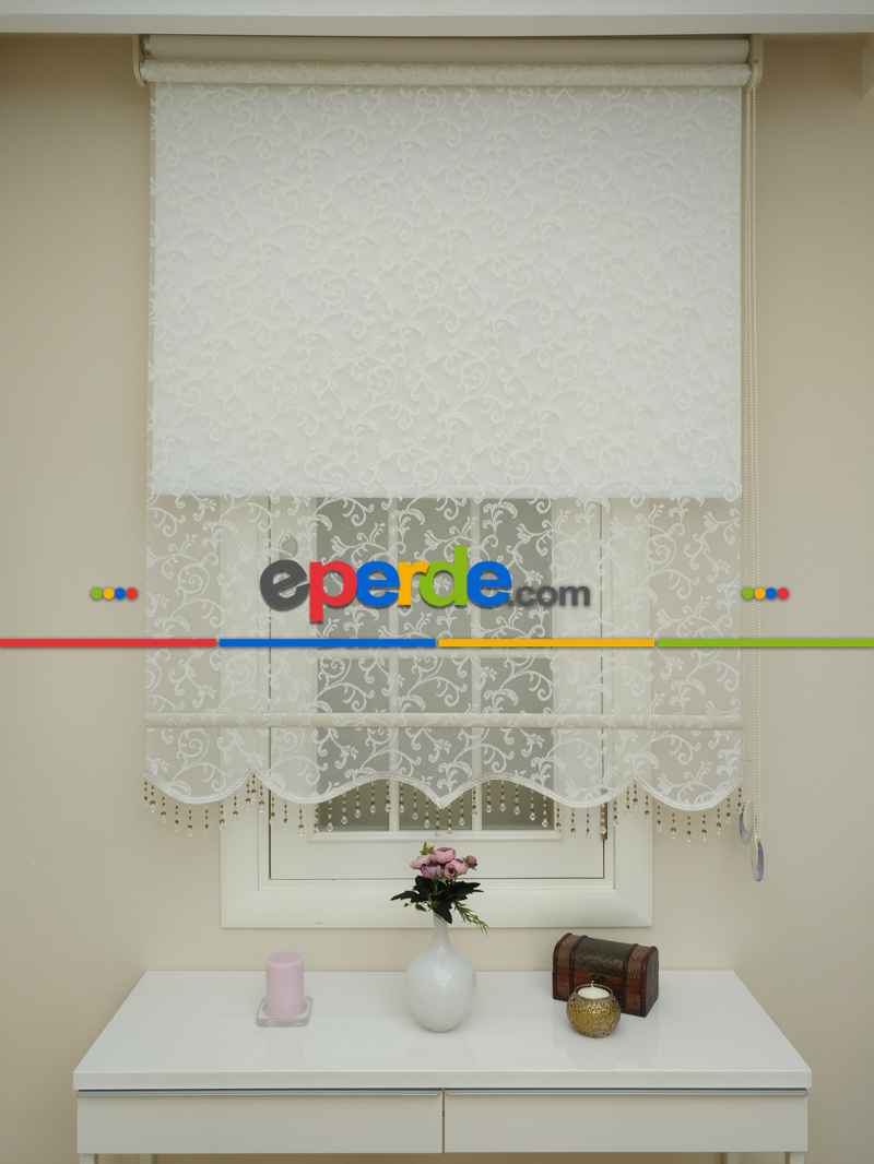 Yatak Odası - Yeni Sezon!! Çiftli Sistem Tül Stor Perde Ve Stor Perde- Şal Desen Ekru