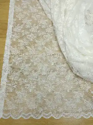 Çiçek Desenli Fransız Dantel Tül Perde- Ekru