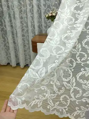 Örme Dokulu Yaprak Şal Desenli Tül Perde - Ekru Renk - Kruvaze Model Seçenekli - Ütü İstemez