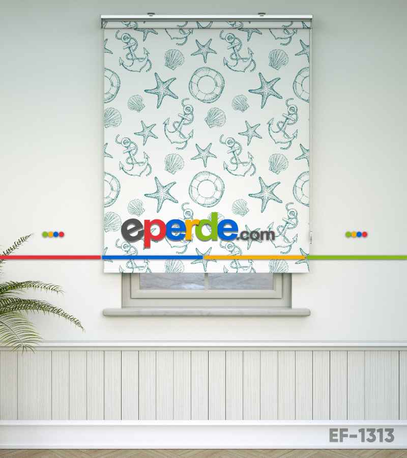 Bebek Odası Stor Perde - Denizci Desenli Baskılı Stor Perde- Yeşil-Ekru